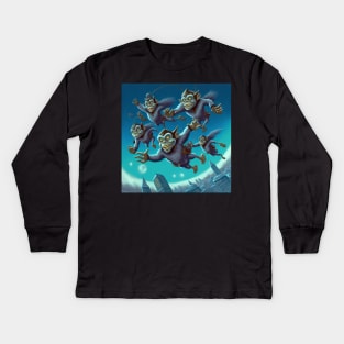 Flying monkeys dressed in blue and soaring over the city. Kids Long Sleeve T-Shirt